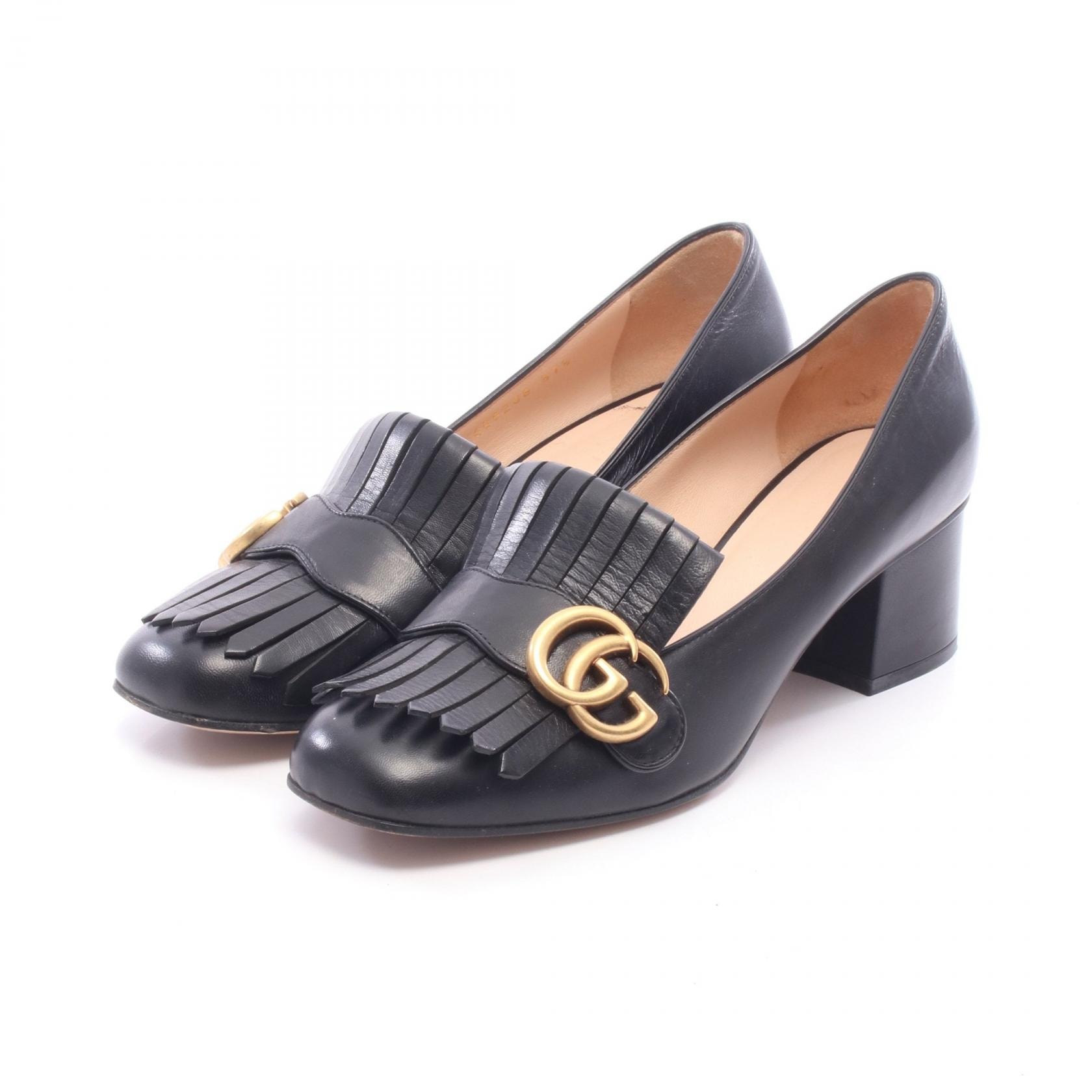 グッチ GUCCI ダブルG フリンジ ミッドヒール パンプス 靴 レザー レディース ブラック系 【中古】