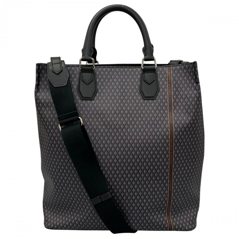 Dunhill ダンヒル 2WAY エンジンターン トートバッグ 斜め掛け PVC  レザー   ブラック 黒 グレー シルバー金具 メンズ【中古品】