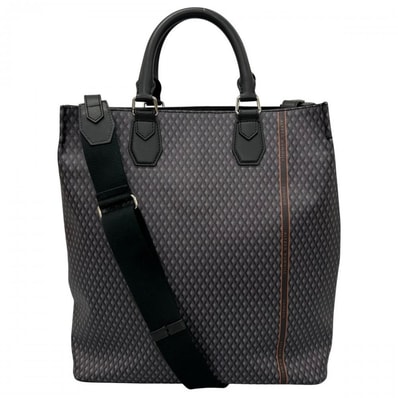 Dunhill ダンヒル 2WAY エンジンターン トートバッグ 斜め掛け PVC レザー ブラック 黒 グレー シルバー金具 メンズ【中古品】
