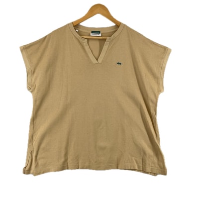 美品 LACOSTE ラコステ ハーフスリーブTシャツ ブランドロゴ 春夏 SS カットソー コットン ベージュ レディース 36 Vネック【古着】【中古】