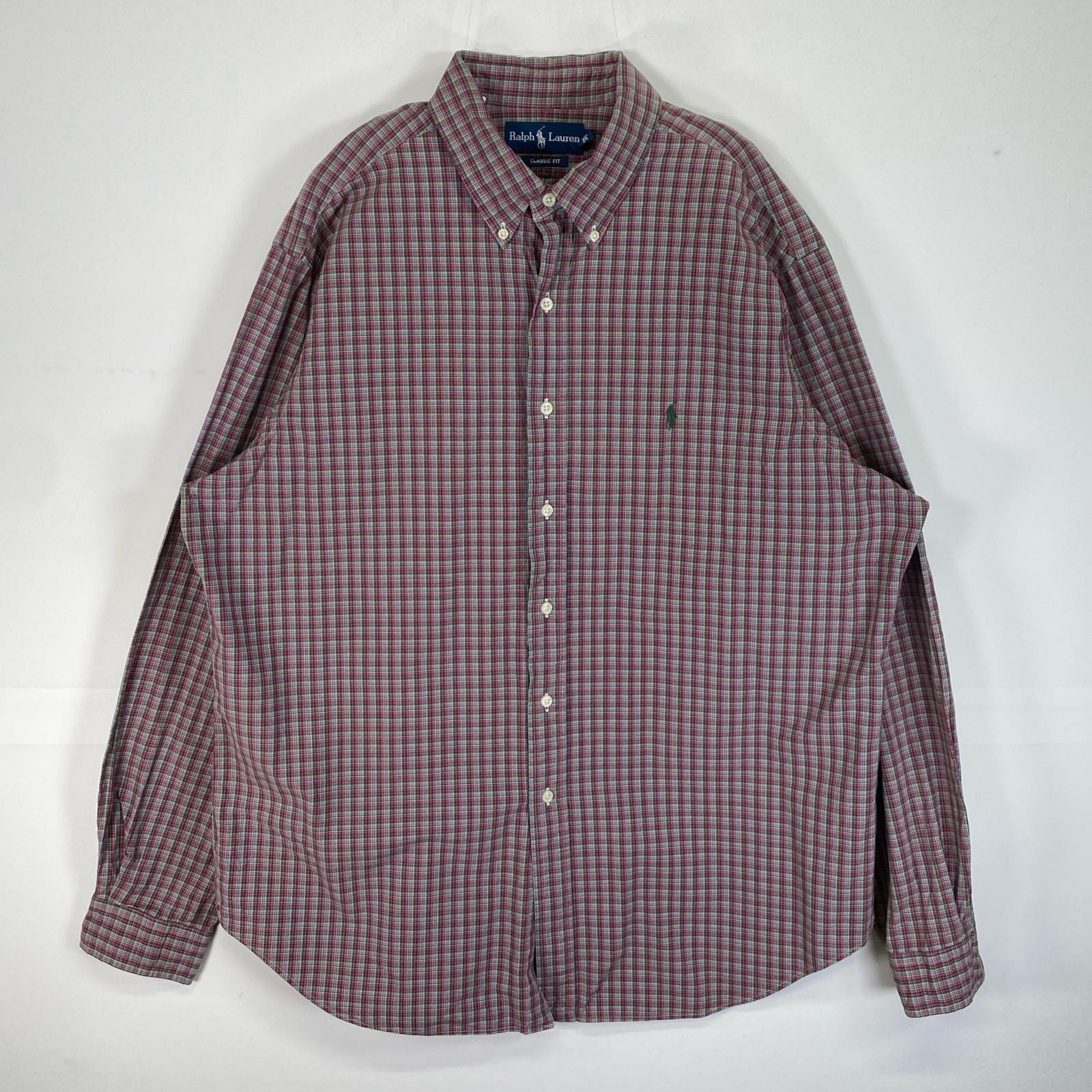 古着 ラルフローレン RALPH LAUREN 長袖シャツ ロゴ 刺繍 チェック 大きいサイズ XL  パープル系 マルチカラー メンズ