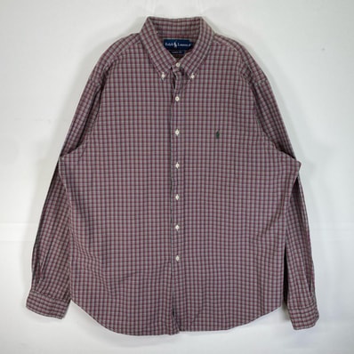 古着 ラルフローレン RALPH LAUREN 長袖シャツ ロゴ 刺繍 チェック 大きいサイズ XL パープル系 マルチカラー メンズ