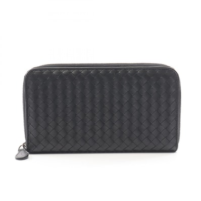 ボッテガヴェネタ BOTTEGA VENETA イントレチャート ラウンド長財布 財布 レザー メンズ ブラック系 【中古】
