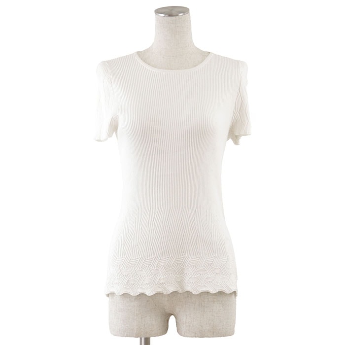 美品 シャネル 2018年製 P58962 コットン リブ 半袖 ニット レディース オフホワイト 38 CHANEL