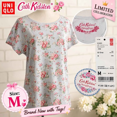 タグ付き新古品★限定品/UNIQLO +J × Cath Kidston/ユニクロ★コラボ/半袖トップス/Tシャツ【レディースM/グレー/花柄】Tops/Shirt◆BJ180-h