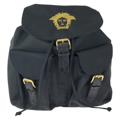 美品 VERSACE ヴェルサーチ ヴィンテージ メデューサ ブラック 黒 ゴールド金具 ナイロン リュックサック バックパック 603698 【中古】