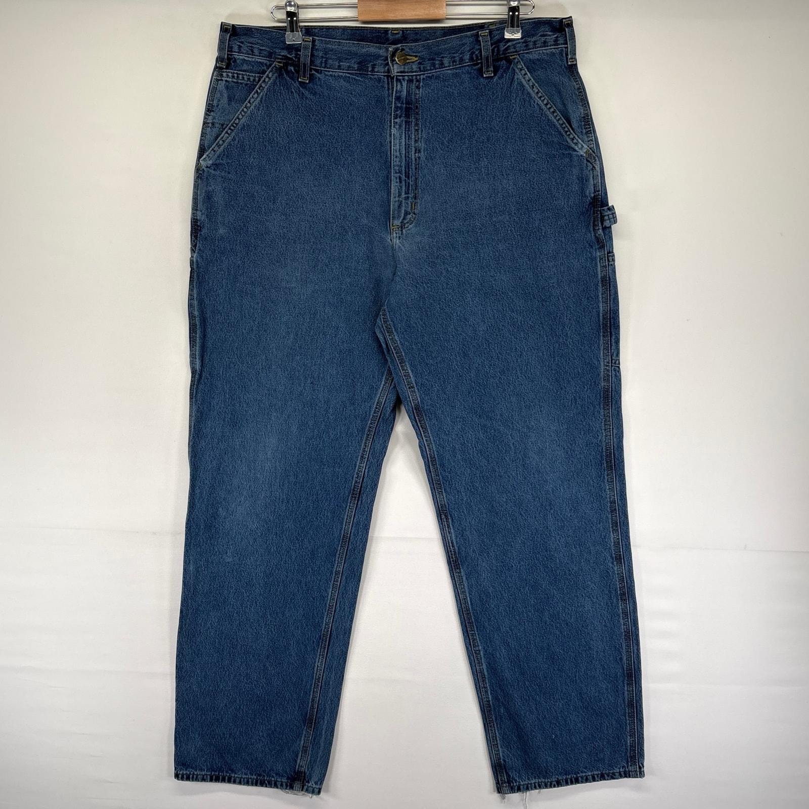 古着 カーハート Carhartt デニム パンツ ペインターパンツ ワンポイントロゴ ジッパーフライ ワーク W38 L34  ブルー系 メンズ