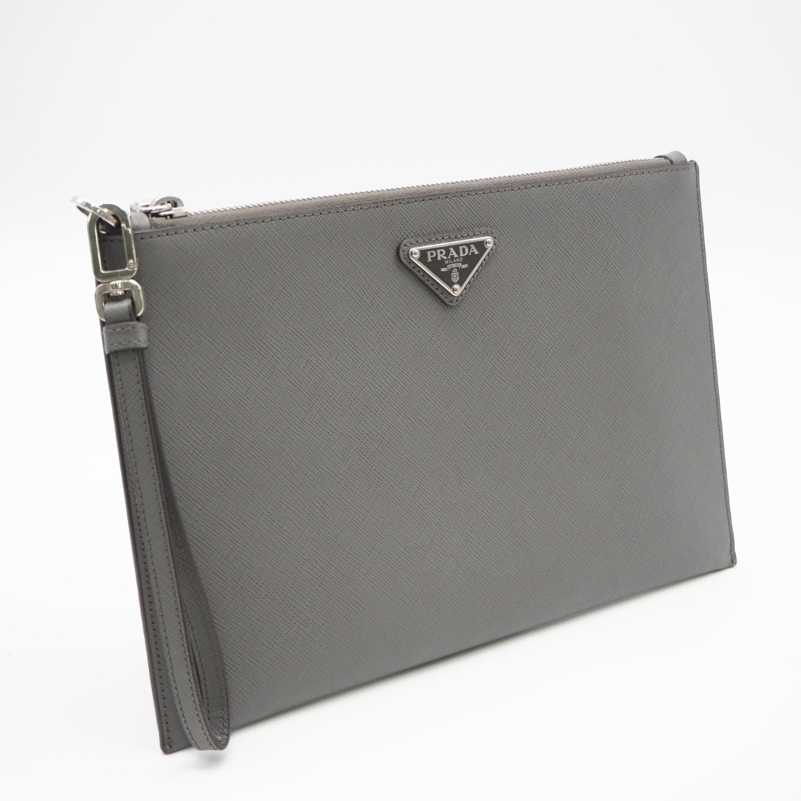 美品 PRADA プラダ Re-Nylon xサフィアーノ レザー ポーチ 2NH006 クラッチバッグ グレー サフィアーノ メンズ