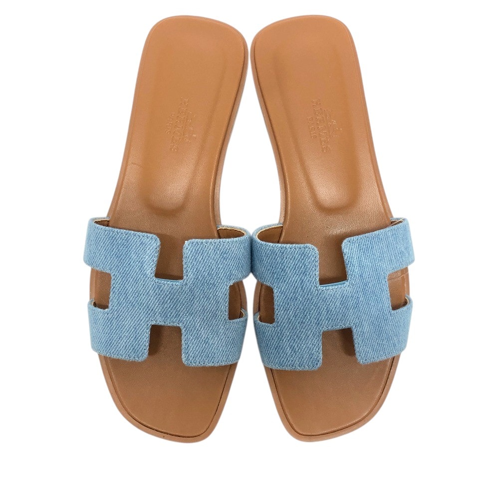 エルメス HERMES オラン Hロゴ 靴 デニム フラット ミュール オープントゥ サンダル デニム ブルー 未使用