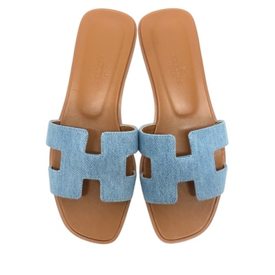 エルメス HERMES オラン Hロゴ 靴 デニム フラット ミュール オープントゥ サンダル デニム ブルー 未使用