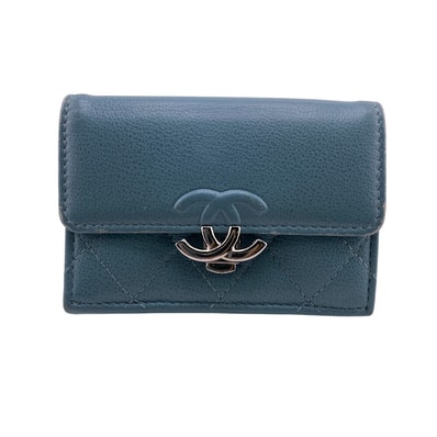 シャネル CHANEL 三つ折り財布 ココマーク ライトブルー