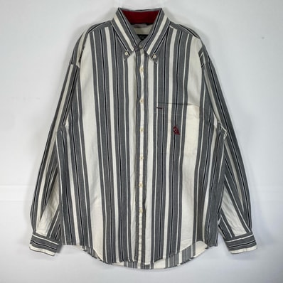 古着 90's/90年代 ノーティカ NAUTICA 長袖シャツ ロゴ 刺繍 ストライプ ボタンダウン USA製 S グレー系 マルチカラー メンズ