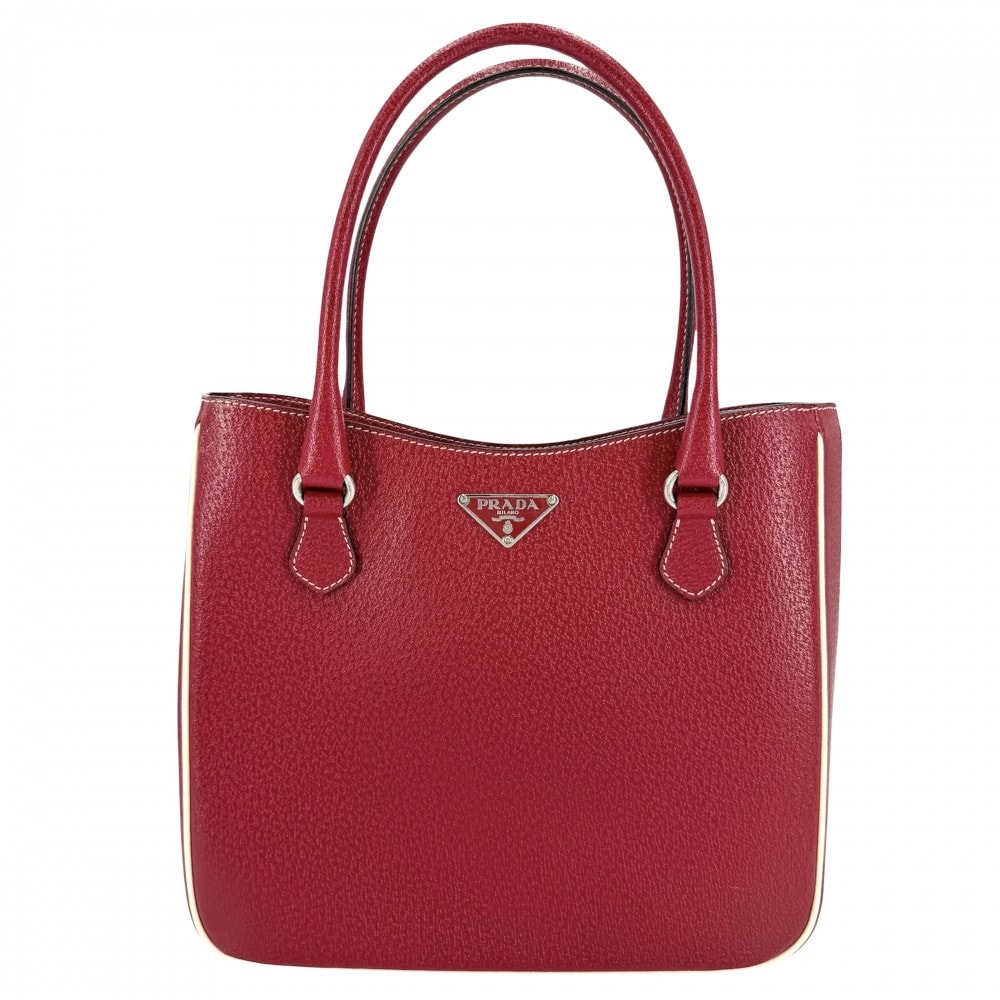 PRADA プラダ ハンドバッグ トライアングルロゴ トートバッグ レザー    レッド 赤 シルバー金具 レディース【中古品】