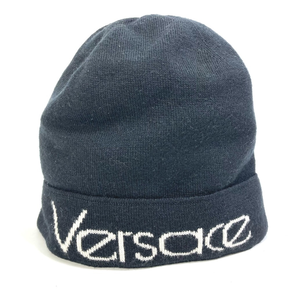 ヴェルサーチ VERSACE ロゴ ビーニー ニットキャップ 帽子 ニット帽 ウール ブラック