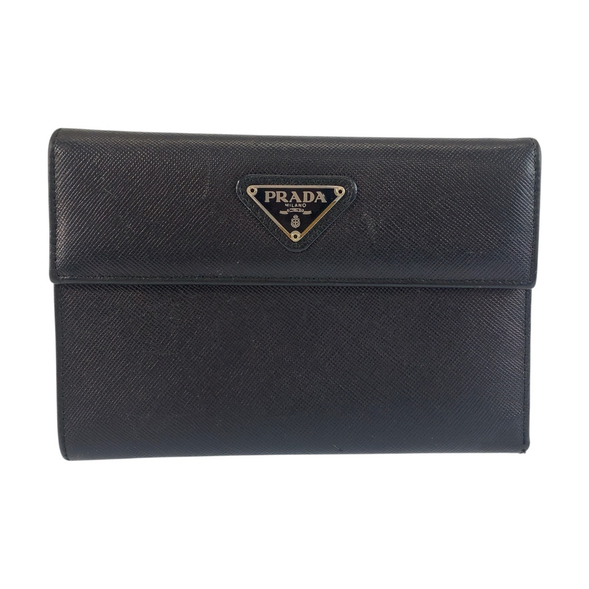 美品 PRADA プラダ 三角ロゴプレート サフィアーノ ブラック 黒 シルバー金具 レザー 折り財布 コンパクトウォレット 603563 【中古】