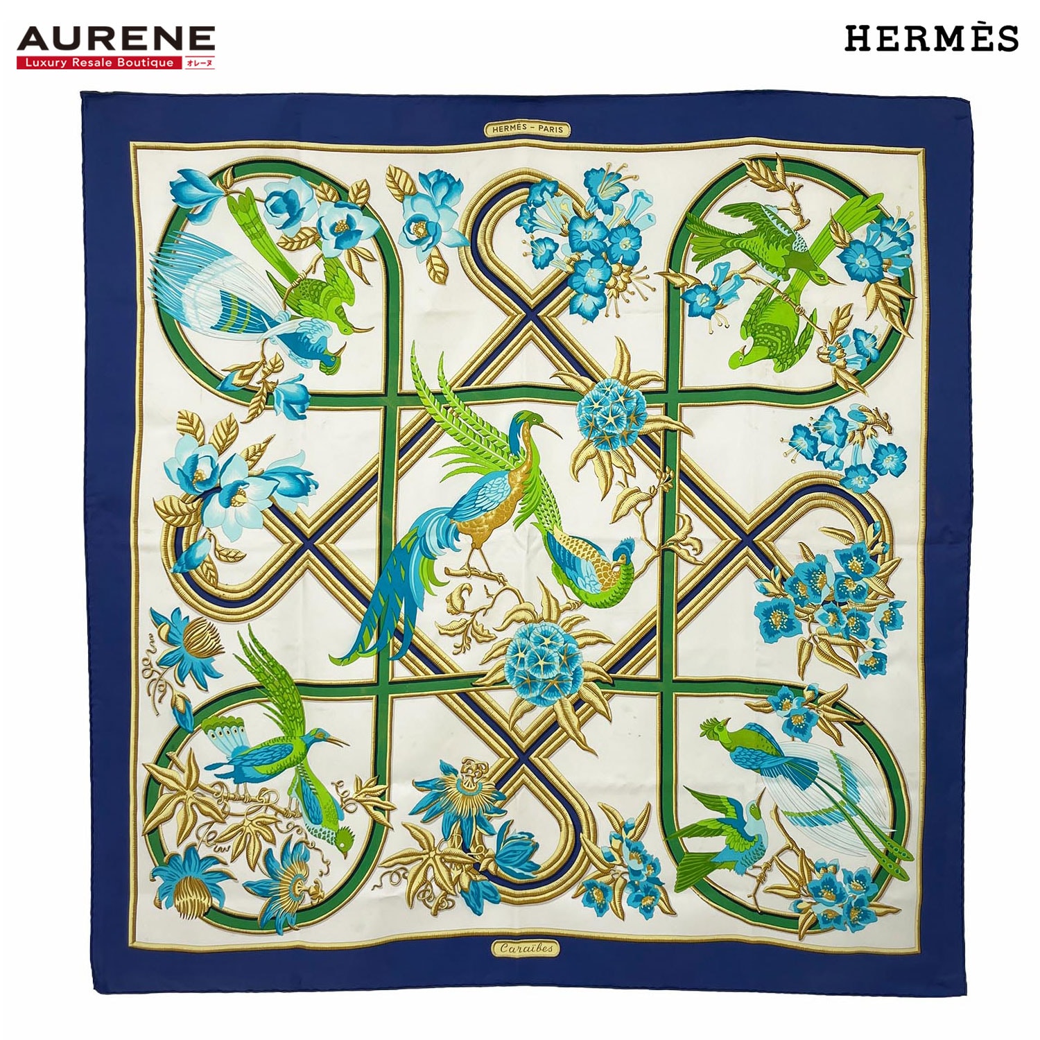HERMES エルメス カレ90 スカーフ Caraibes カリブ鳥 花柄 シルク ブルー レディース 【中古】