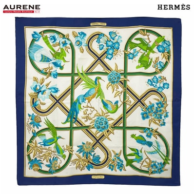 HERMES エルメス カレ90 スカーフ Caraibes カリブ鳥 花柄 シルク ブルー レディース 【中古】