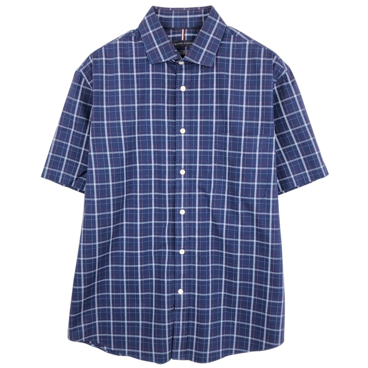 古着 トミーヒルフィガー TOMMY HILFIGER REGULAR FIT ワイドカラー 半袖 コットン チェックシャツ メンズL相当/eaa668741