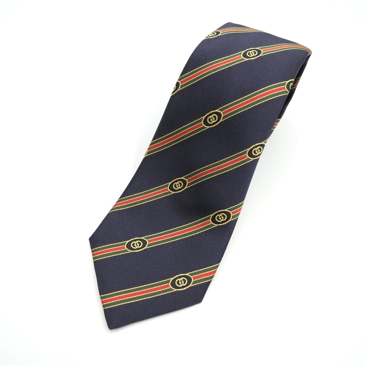 GUCCI(グッチ)インターロッキングG ウェブ ストライプ ネクタイ シルク ネイビー イタリア製 621570 4E009 メンズ【中古】
