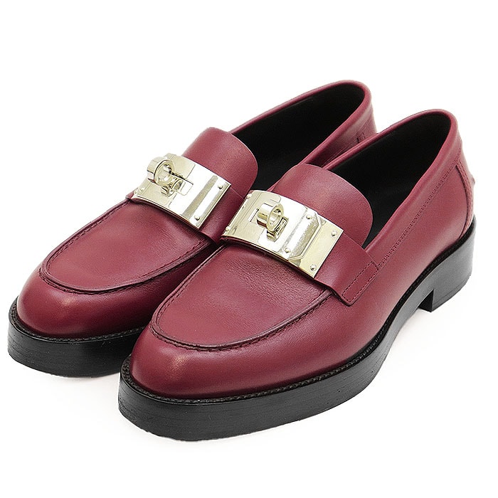 【極美品】HERMES エルメス ローファー モカシン ホット ケリーバックル カーフレザー シューズ 靴 レディース サイズ 37 1/2 ボルドー イタリア製