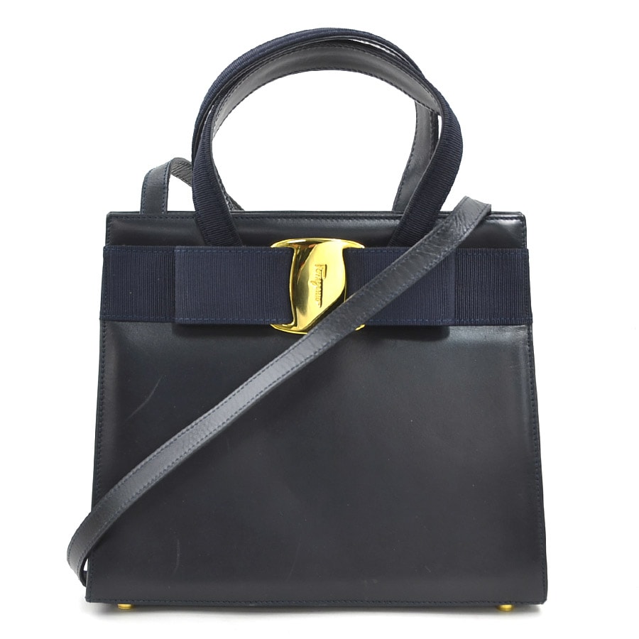サルヴァトーレフェラガモ Salvatore Ferragamo ハンドバッグ ショルダーバッグ ヴァラリボン レザー ネイビー レディース【中古】 h31795g