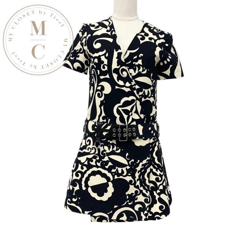 ルイヴィトン LOUIS VUITTON ワンピース ウール アイボリー ブラック モノグラムフラワー ベルト