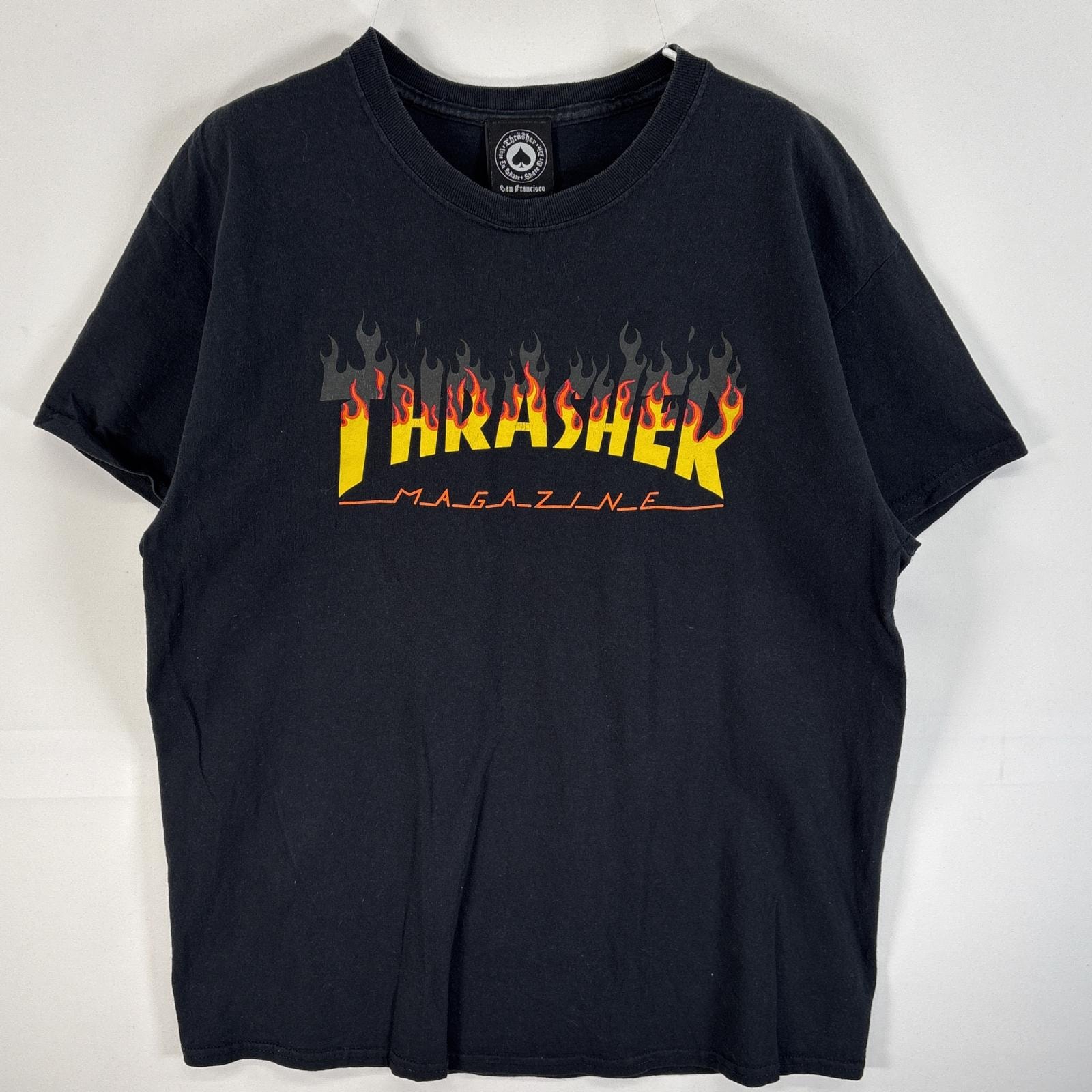 古着 スラッシャー THRASHER 半袖Tシャツ ラバープリント ロゴ ファイヤーデザイン スケボー L  ブラック メンズ