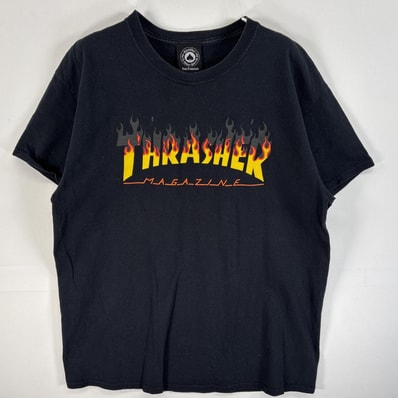 古着 スラッシャー THRASHER 半袖Tシャツ ラバープリント ロゴ ファイヤーデザイン スケボー L ブラック メンズ