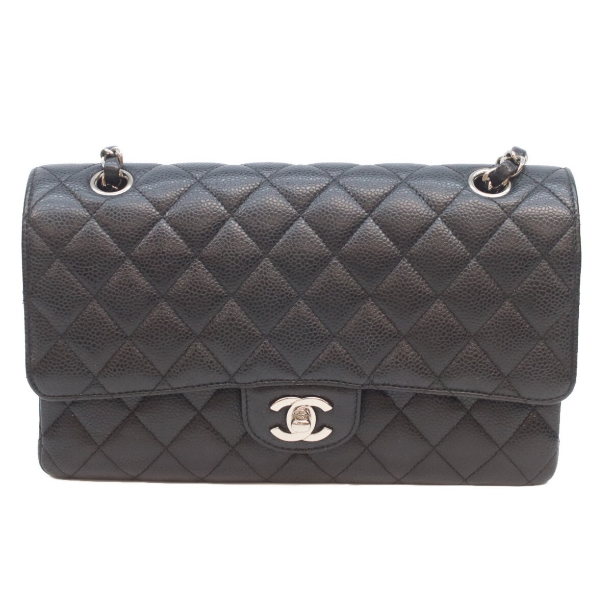 シャネル A01112 25番 黒 シルバー金具 キャビア Wフラップ マトラッセ25