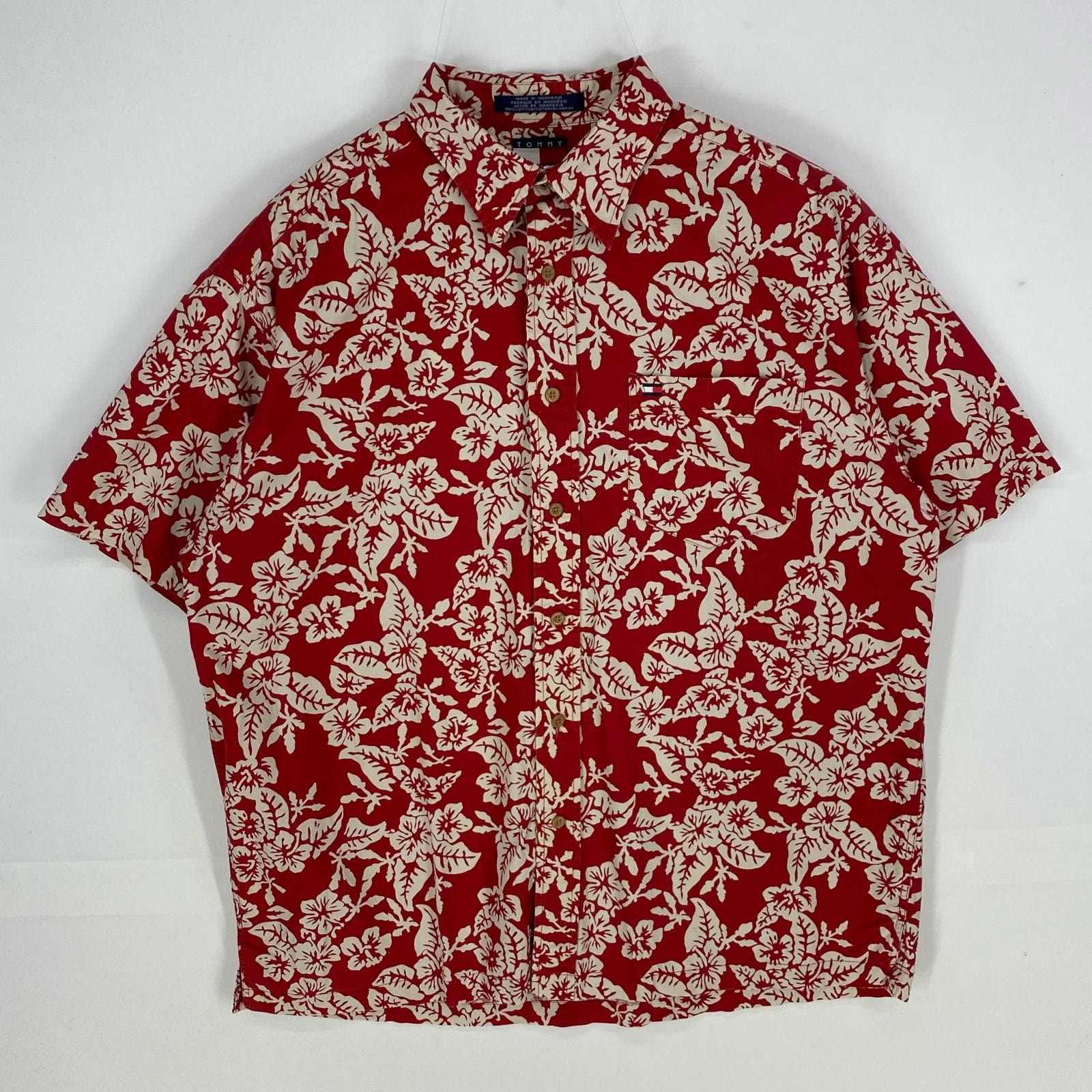 古着 トミーヒルフィガー TOMMY HILFIGER 半袖シャツ アロハ ハイビスカス 胸ポケット ハワイアン M レッド系 メンズ
