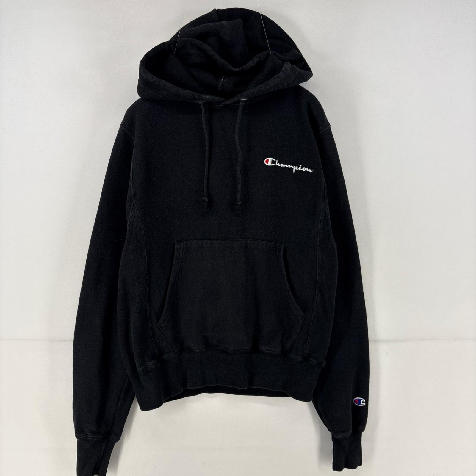 古着 チャンピオン Champion パーカー スウェット ロゴ 刺繍 リバースウィーブ プルオーバー ワンポイント XS ブラック メンズ
