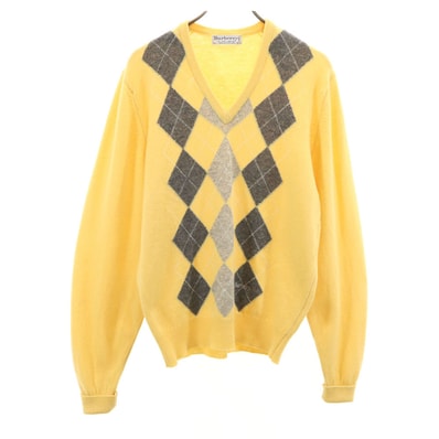 Burberrys バーバリーズ 90s スコットランド製 オールド アーガイル柄 長袖 Vネック セーター 40 イエロー ニット
