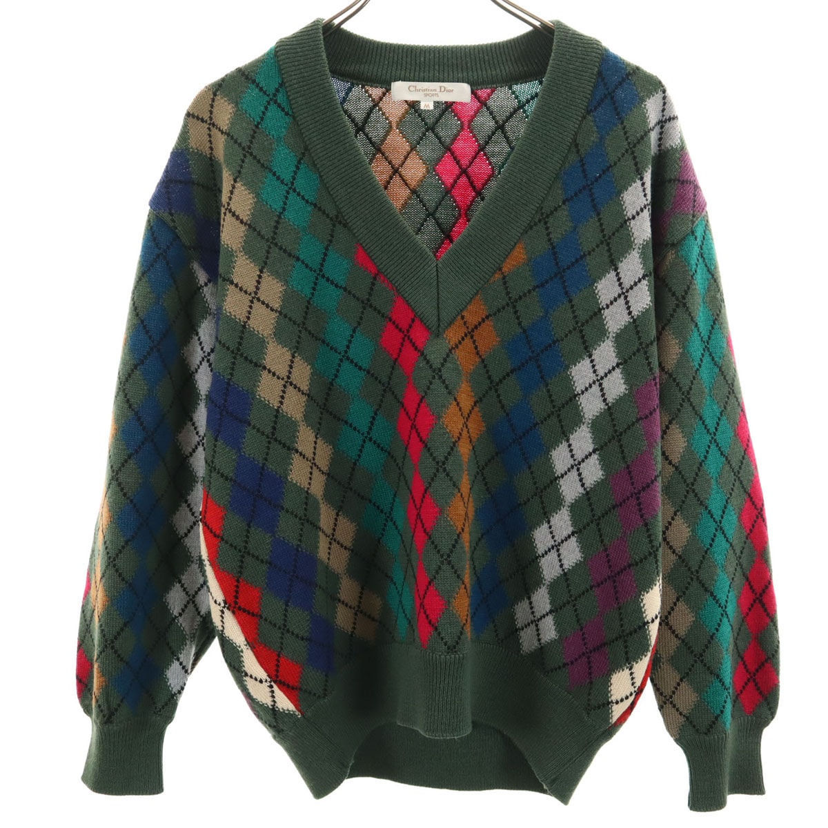 美品 Christian Dior SPORTS クリスチャンディオールスポーツ 90s オールド アーガイル柄 長袖 Vネック セーター M カーキ ニット