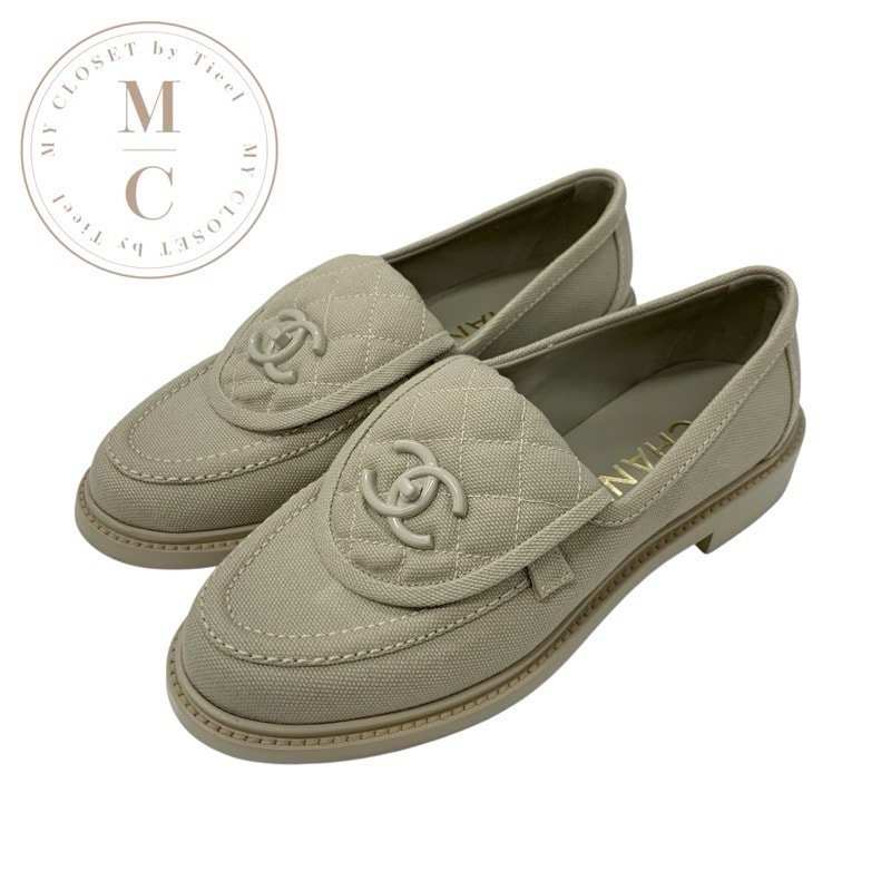 シャネル CHANEL ローファー 革靴 靴 シューズ ファブリック ベージュ ココマーク ターンロック フラットシューズ