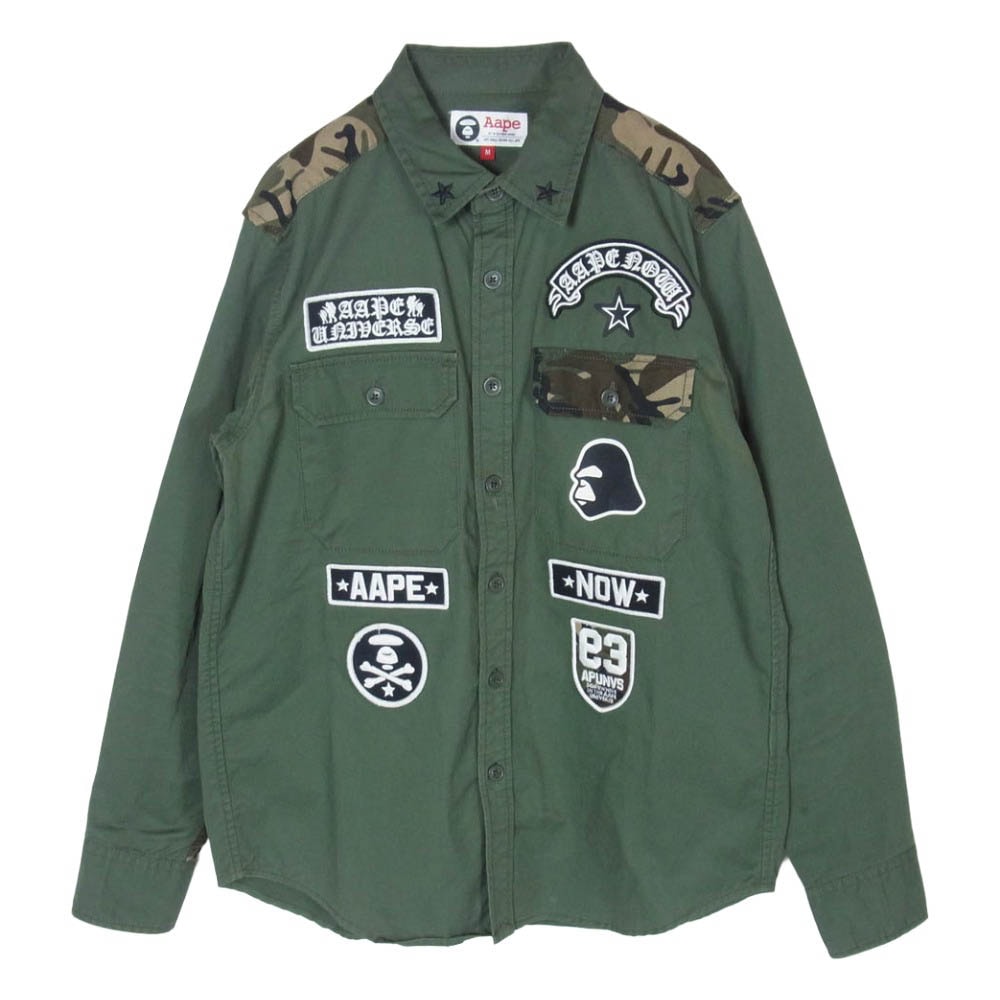 A BATHING APE アベイシングエイプ AST8079 AAPE エーエイプ ワッペン カモフラージュ 迷彩柄 ミリタリー 長袖 シャツ グリーン系 M【中古】