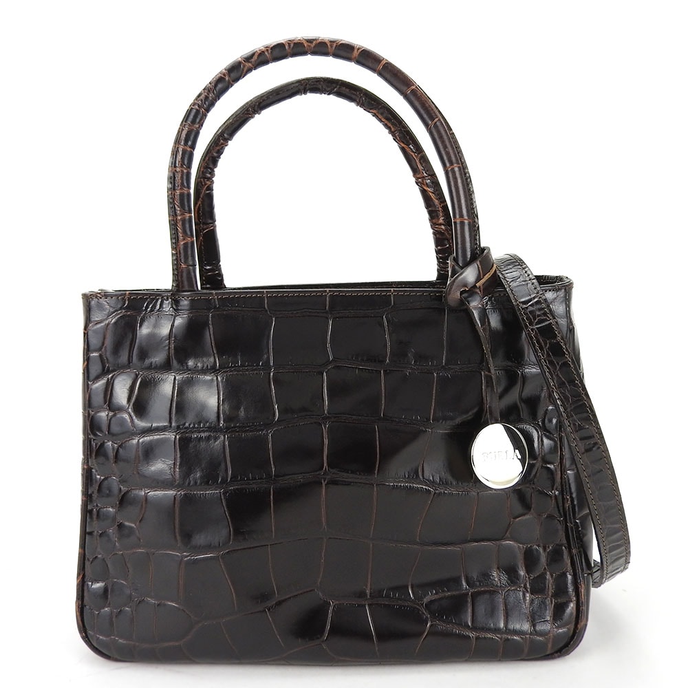 【中古】 フルラ ハンドバッグ レザー ダークブラウン シルバー金具 ショルダーバッグ 2WAY 型押し レディース 女性 Furla