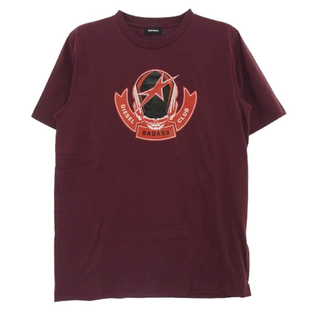 DIESEL ディーゼル Tシャツ T-JUST-B1 BADASSプリント 半袖Tシャツ エンジ系 XS【新古品】【未使用】【中古】