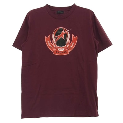 DIESEL ディーゼル Tシャツ T-JUST-B1 BADASSプリント 半袖Tシャツ エンジ系 XS【新古品】【未使用】【中古】