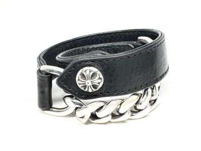 Chrome Hearts 1 Button 1 Snap Double Chain Leather Bracelet "Black/Silver"