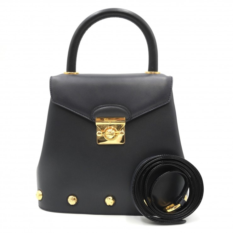 Salvatore Ferragamo(サルヴァトーレ フェラガモ)2WAY ハンドバッグ ショルダーバッグ ブラック レザー ゴールド金具 AN21 1688 レディース【中古】