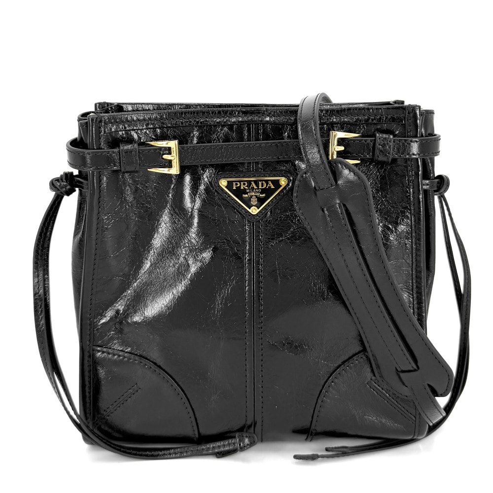 PRADA プラダ ショルダーバッグ ボニー 肩掛け 斜め掛け トライアングルロゴ ポシェット 1BH229 レザー    ブラック 黒 ゴールド金具 レディース 美品【中古品】