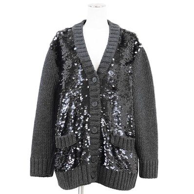 【極美品】PRADA プラダ ニット カーディガン ウール/カシミヤ サイズ 38 レディース 2021年製 ローゲージ スパンコール ロングスリーブ 長袖 トップス グレー 灰色 イタリア製
