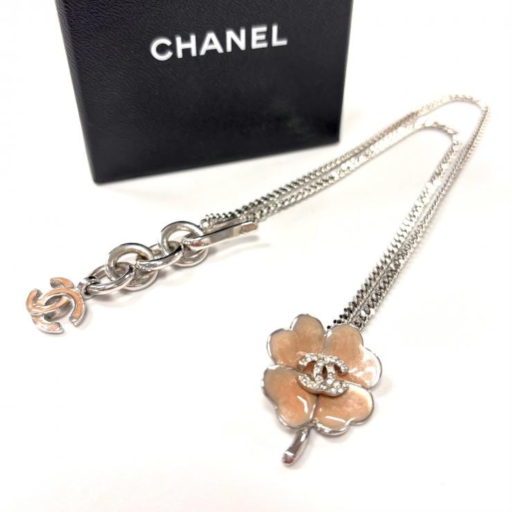 CHANEL ココマーク クローバー ラインストーン ネックレス ピンクベージュ シルバー 鑑定済み 正規品 シャネル