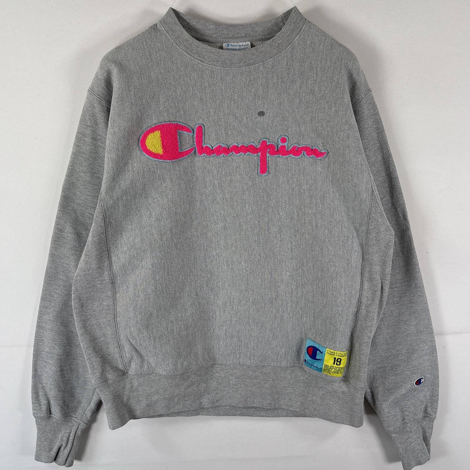 古着 チャンピオン Champion スウェット リバースウィーブ トレーナー プルオーバー クルーネック ビッグロゴワッペン MEDIUM グレー メンズ