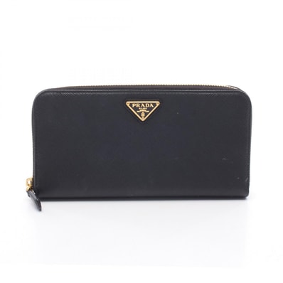 プラダ PRADA トライアングルロゴ ラウンド長財布 財布 レザー レディース ブラック系 【中古】