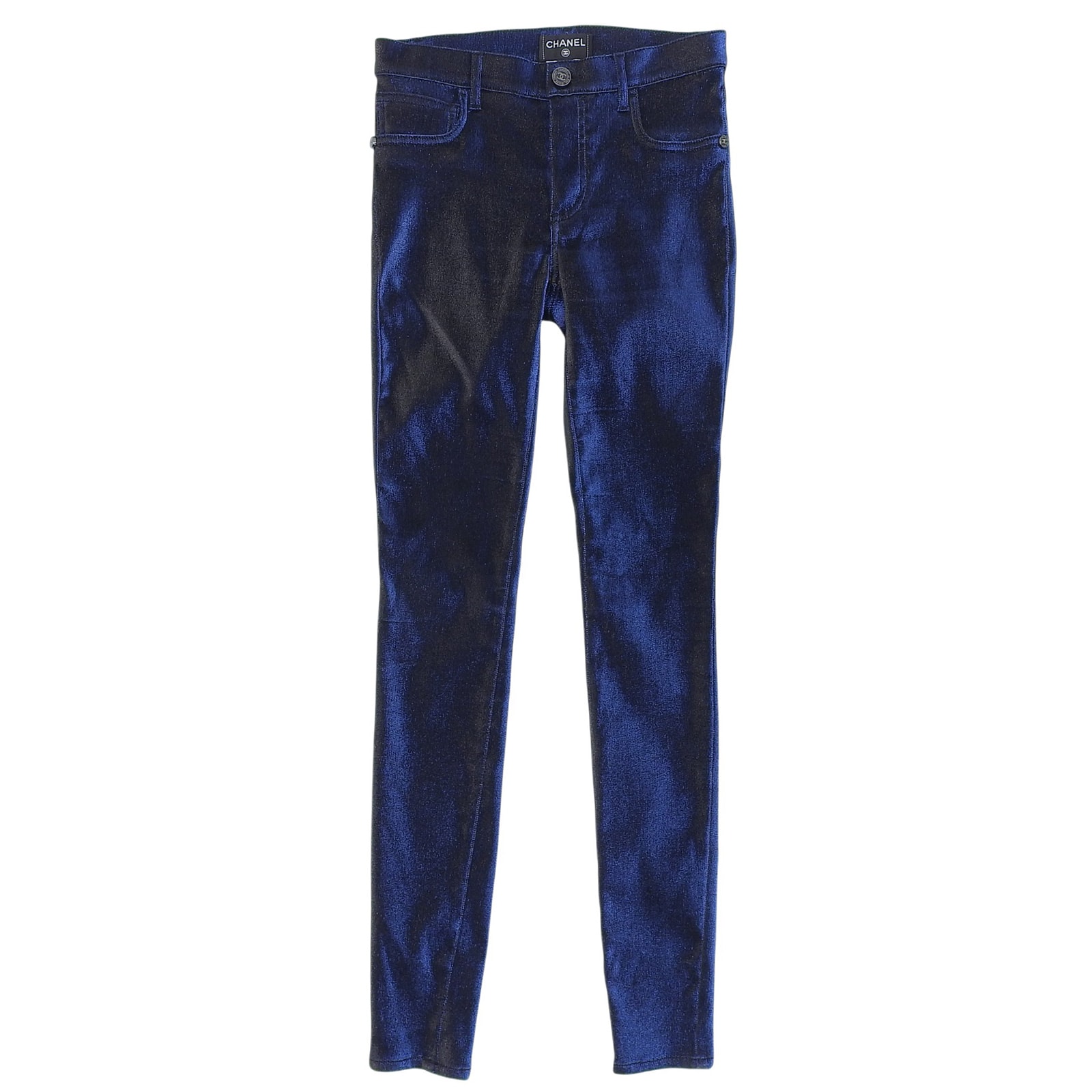 極美品 シャネル スキニーパンツ ブルー レディース 34 P50219