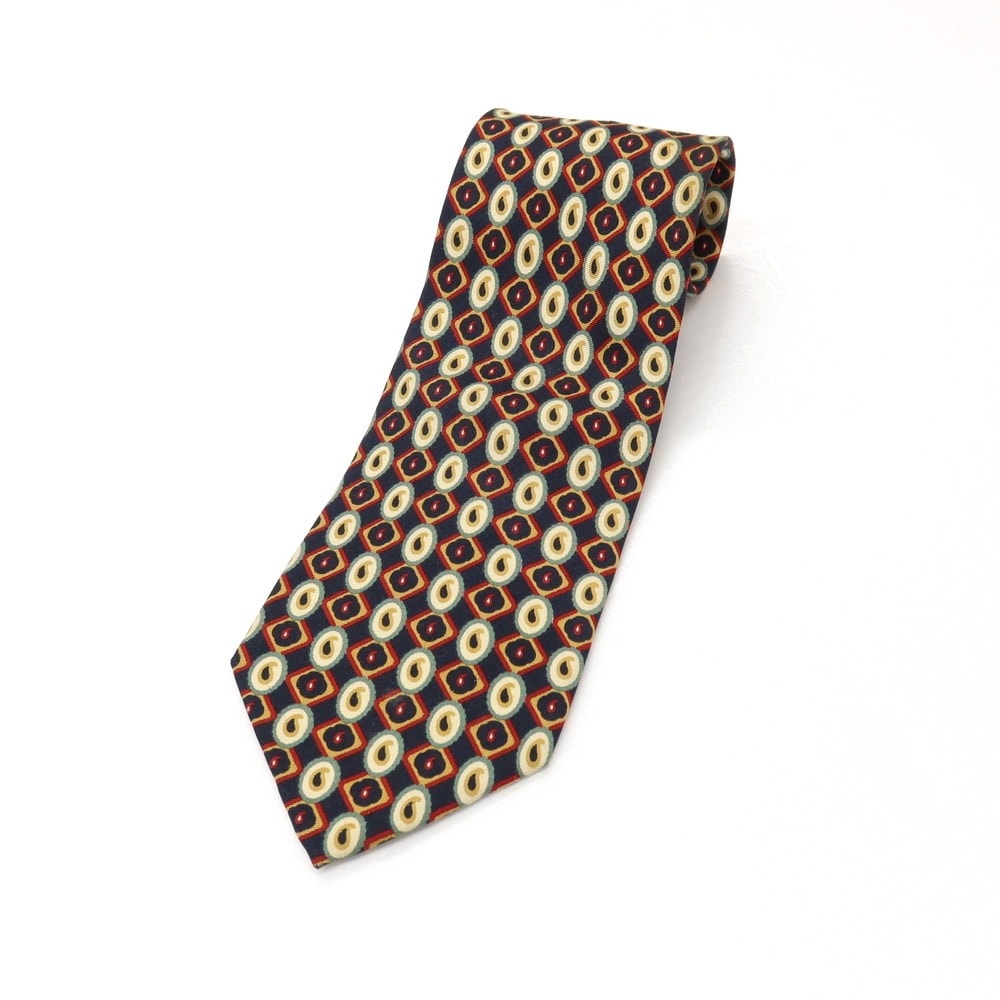 【中古】ポールスミス Paul Smith シルク プリント ネクタイ ネイビーxイエローオーカー【メンズ】