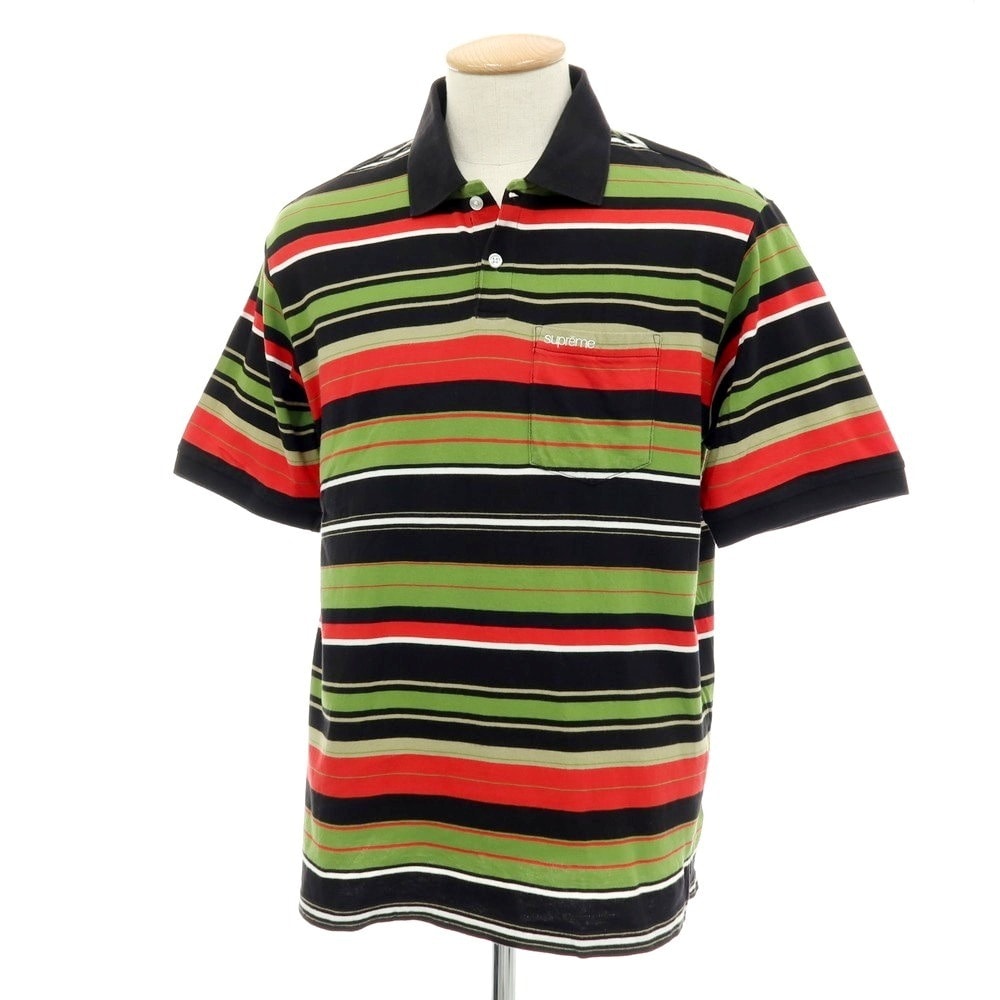 【中古】シュプリーム Supreme 2023年春夏 Multi Stripe Polo コットン 半袖ポロシャツ ブラックxライトオリーブ【サイズS】【メンズ】
