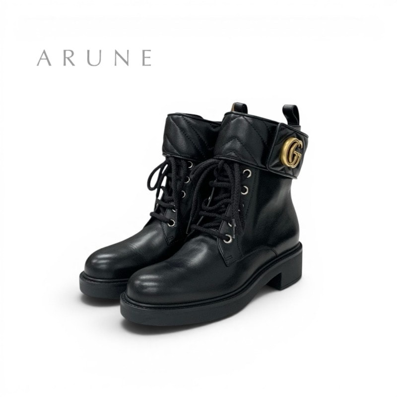 グッチ GUCCI ブーツ ショートブーツ 靴 シューズ レザー ブラック 黒 ゴールド ダブルG ベルト レースアップ アンクルブーツ GGマーモント