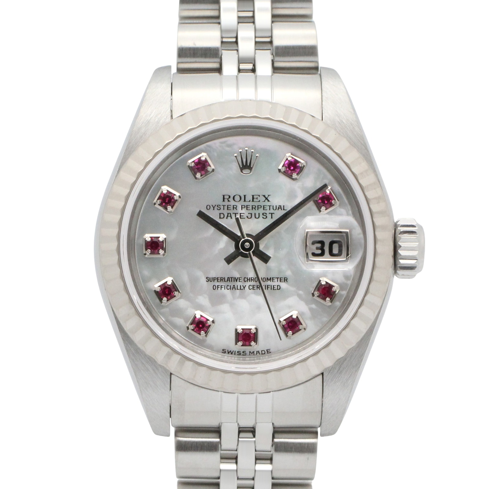 ロレックス ROLEX デイトジャスト 10Pルビー F番 腕時計 時計 K18WG(ホワイトゴールド) ステンレススチール ルビー レディース ホワイト系 ホワイトシェル 79174NGR 【中古】